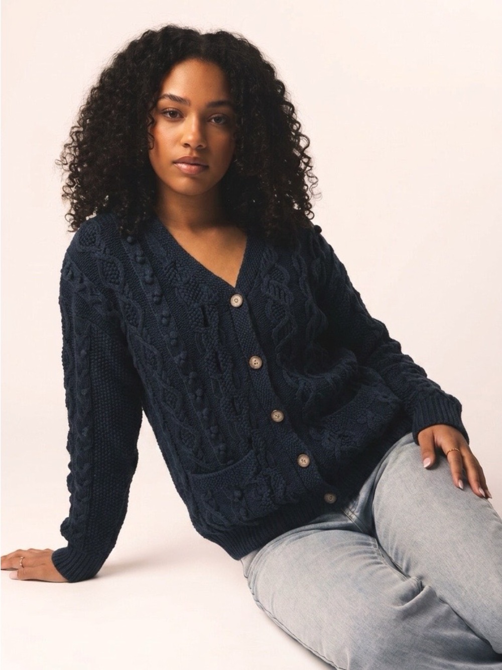 Vintage LL Bean Fisherman Cable Knit Cardigan Size Medium Navy Wool Blend 90s - Picture 2 of 14